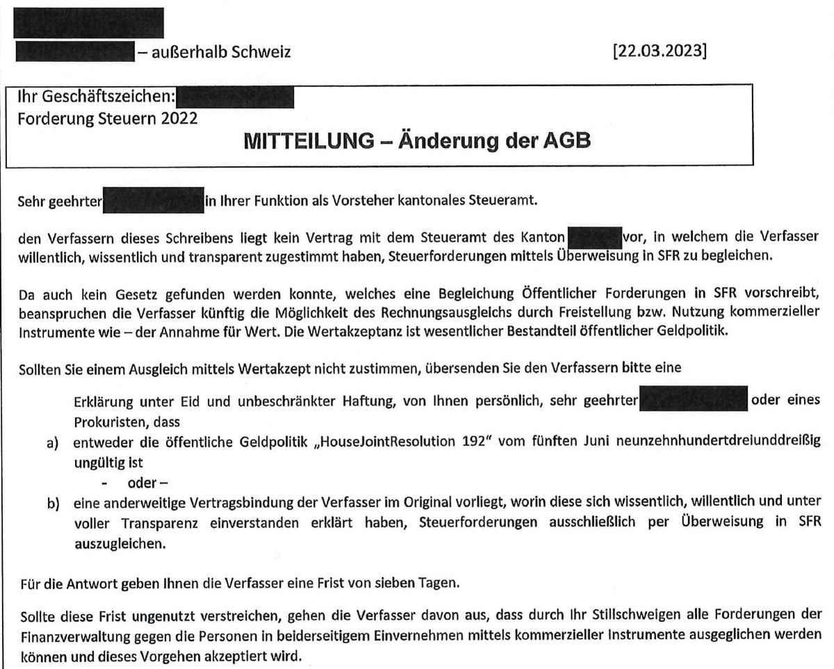 Reichsbürger / Staatsverweigerer Schreiben an die kantonalen Steuerbehörden