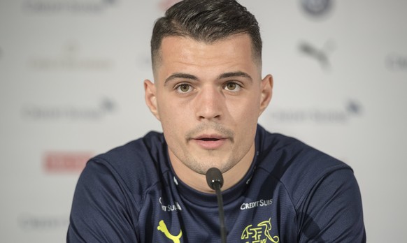 epa06630536 Swiss player Granit Xhaka attends a press conference of the Swiss national soccer team in Lucerne, Switzerland, 26 March 2018. Switzerland will play against Panama on 27 March 2018 in an i ...