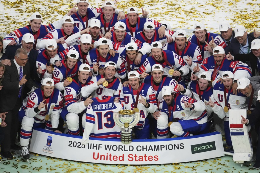 Team USA poses after winning the final match between United States and Switzerland at the ice hockey world championships in Stockholm, Sweden, Sunday, May 25, 2025. (AP Photo/Petr David Josek)
APTOPIX ...