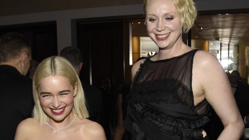 Emilia Clarke, left, and Gwendoline Christie attend the 75th annual Golden Globe Awards at the Beverly Hilton Hotel on Sunday, Jan. 7, 2018, in Beverly Hills, Calif. (Photo by Chris Pizzello/Invision/ ...