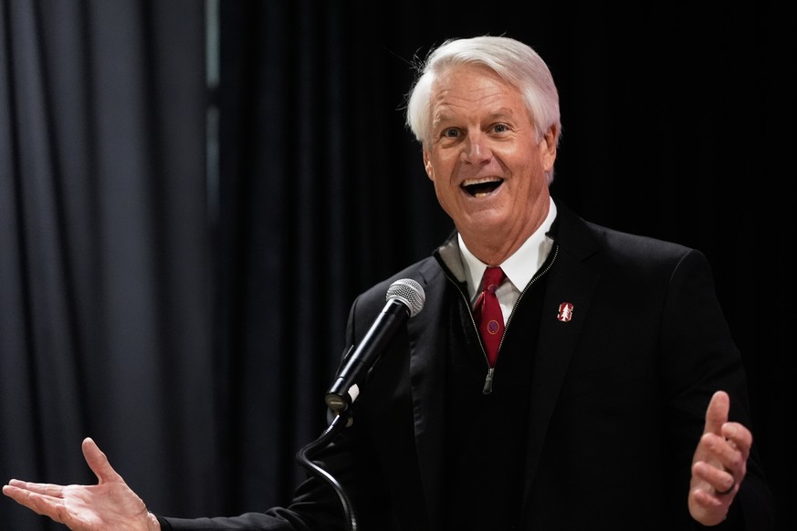 FILE - Director and Chair of Athletics John Donahoe speaks at a news conference in Stanford, Calif., Dec. 2, 2025. (AP Photo/Jeff Chiu, File)
John Donahoe