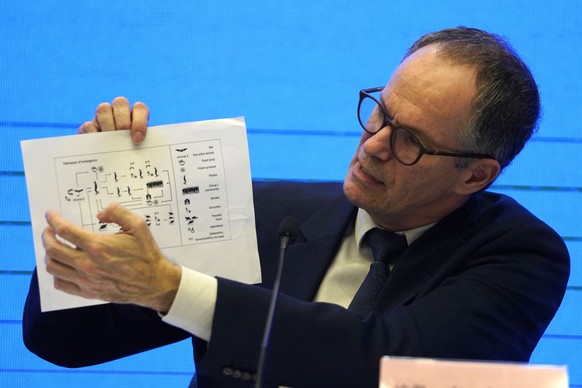 FILE - In this Feb. 9, 2021, file photo, Peter Ben Embarek of the World Health Organization team holds up a chart showing pathways of transmission of the virus during a joint news conference at the en ...