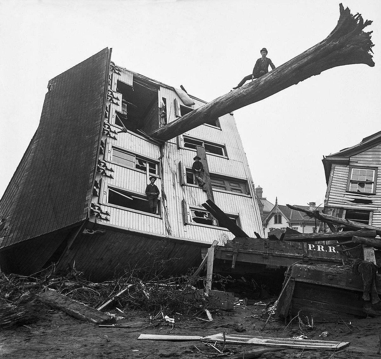 During the Johnstown flood in 31 of May of 1889, the house of John Schultz was ripped from it's foundations, pierced by a tree and floated along with mud and debris from the dam. All six people i ...