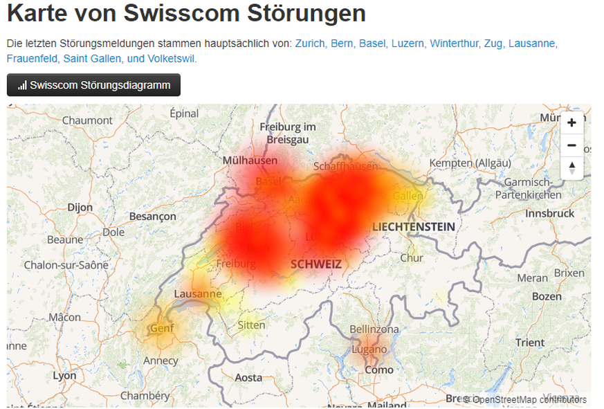 In diesen Regionen können viele Swisscom-Firmenkunden aktuell nicht oder nur eingeschränkt telefonieren.&nbsp;