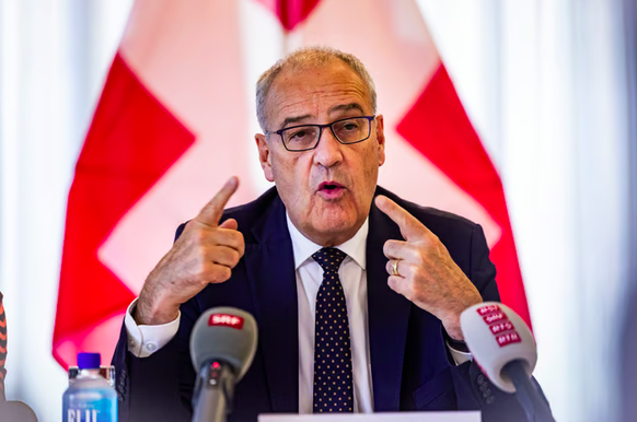 Der Schweizer Bundespräsident Guy Parmelin am Montag an einer Pressekonferenz in Washington.