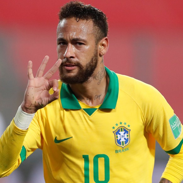 epa08742706 Neymar Jr of Brazil celebrates after scoring against Peru during the Qatar 2022 World Cup South American qualifiers match between Peru and Brazil at the National stadium in Lima, Peru, 13 ...