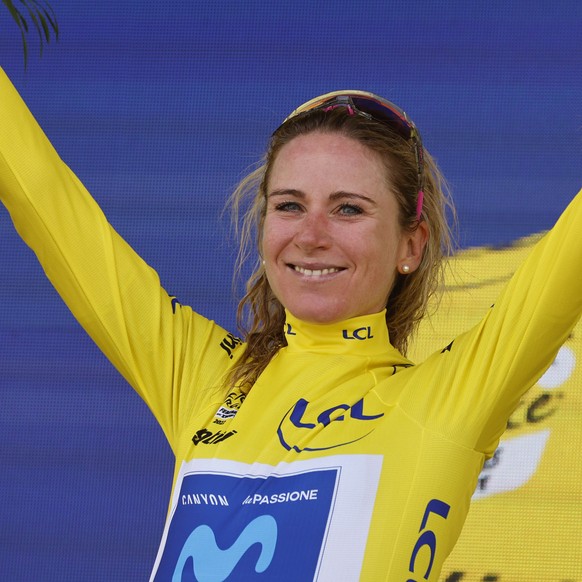 Netherland&#039;s Annemiek Van Vleuten celebrates on the podium after winning in Le Markstein Fellering, eastern France, Saturday, July 30, 2022, after the 7th stage of the Tour de France women&#039;s ...