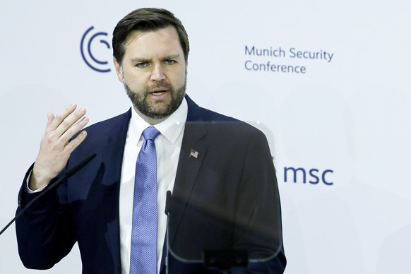 epaselect epa11895790 US Vice President JD Vance speaks during the 61st Munich Security Conference (MSC), in Munich, Germany, 14 February 2025. High-level international decision-makers meet at the 61s ...