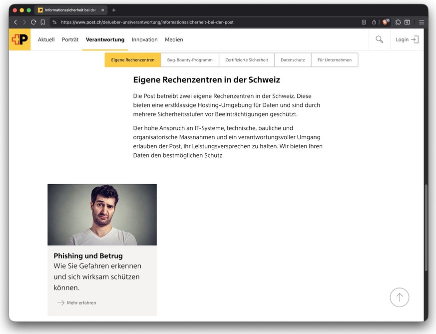 Post betreibt eigene Rechenzentren in der Schweiz, Screenshot: 17. November 2025.