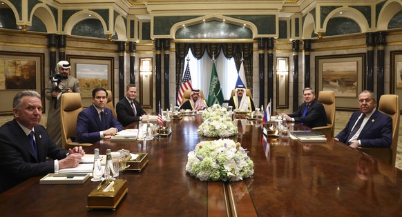 U.S. Secretary of State Marco Rubio, second left, meets with Saudi Foreign Minister Prince Faisal bin Farhan Al Saud, Saudi National Security Advisor Mosaad bin Mohammad Al-Aiban, U.S. National Securi ...