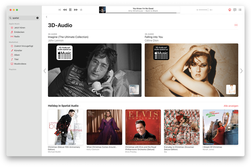 Apple rührt kräftig die Werbetrommel für 3D-Audio und bietet eigene kuratierte Playlists. Passend zur Jahreszeit gibt es auch diverse Weihnachts-Titel, die räumlicher klingen sollen.