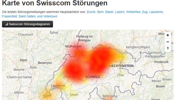 Am 15.1.2018 konnten Geschäftskunden von Swisscom schweizweit nicht telefonieren. In den roten Regionen gab es besonders viele Störungsmeldungen.