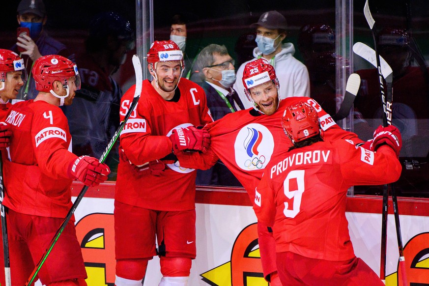 210521 Mikhail Grigorenko of Russia celebrates the 4-3 goal during the 2021 IIHF Ice hockey, Eishockey World Championship, WM, Weltmeisterschaft game between Russia and Czech Republic on May 21, 2021  ...