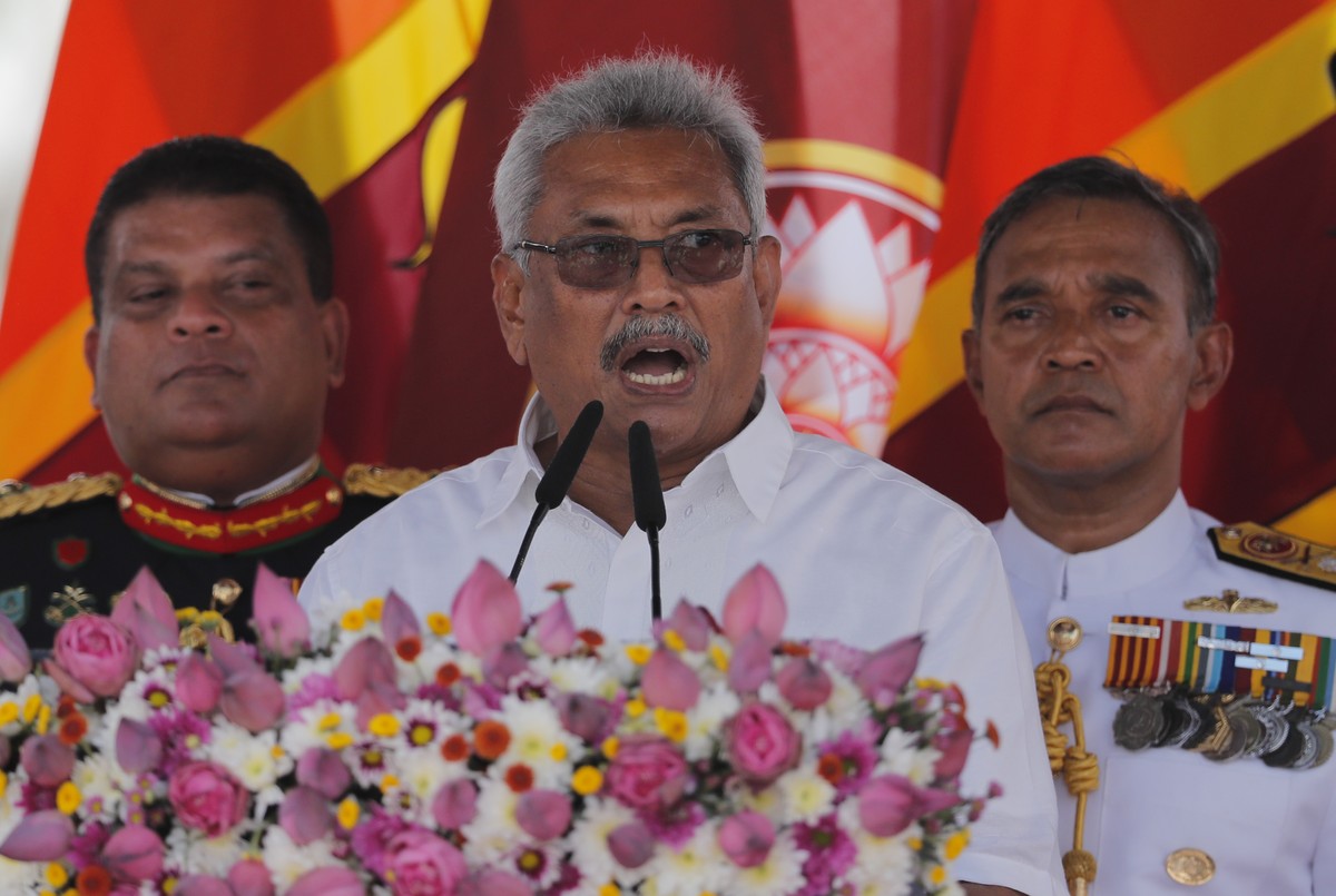 Sri Lanka's newly elected president Gotabaya Rajapaksa addresses the nation after his swearing in ceremony held at the 140 B.C Ruwanweli Seya Buddhist temple in ancient kingdom of Anuradhapura in ...