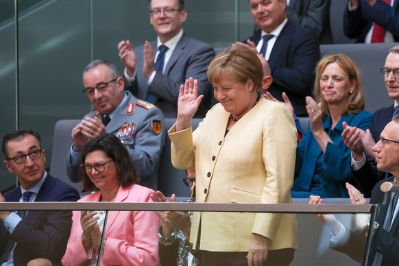 epa12077024 Former German Chancellor Angela Merkel attends the election of German Chancellor at the Bundestag in Berlin, Germany, 06 May 2025. The new German government will be formed between the Unio ...