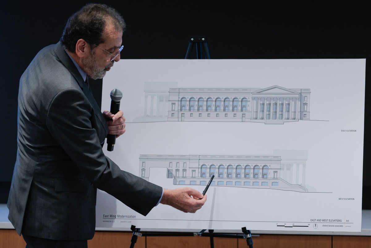 WASHINGTON, DC - JANUARY 08: Architect Shalom Baranes shows elevation drawings for a new $400 million ballroom at the White House to members of the National Capital Planning Commission on January 08,  ...