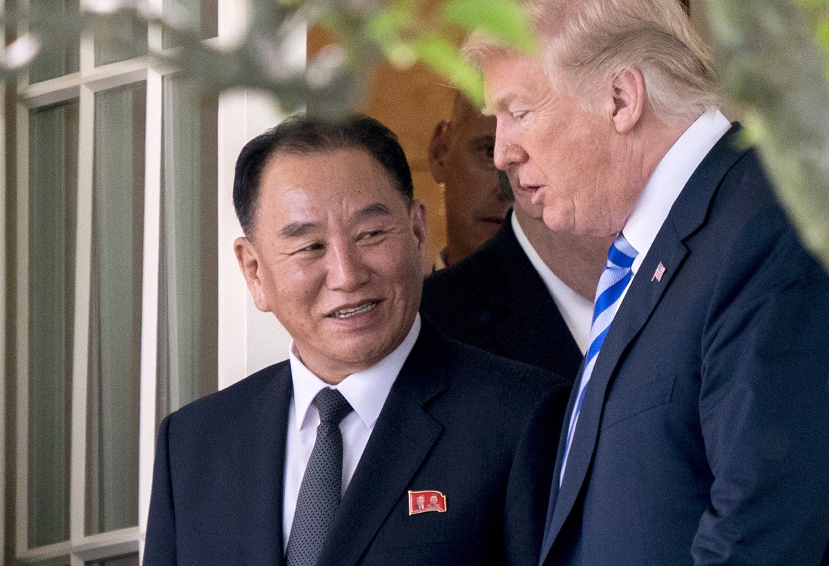 FILE - In this June 1, 2018, file photo, U.S. President Donald Trump, right, talks with Kim Yong Chol, former North Korean military intelligence chief and one of leader Kim Jong Un's closest aide ...