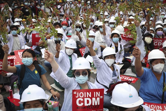 Students from the University of Medicine protest demonstrating by holding the brunches of Eugenia which is in the belief that the uprising is going to have succeeded, during an anti-coup protest in Ma ...