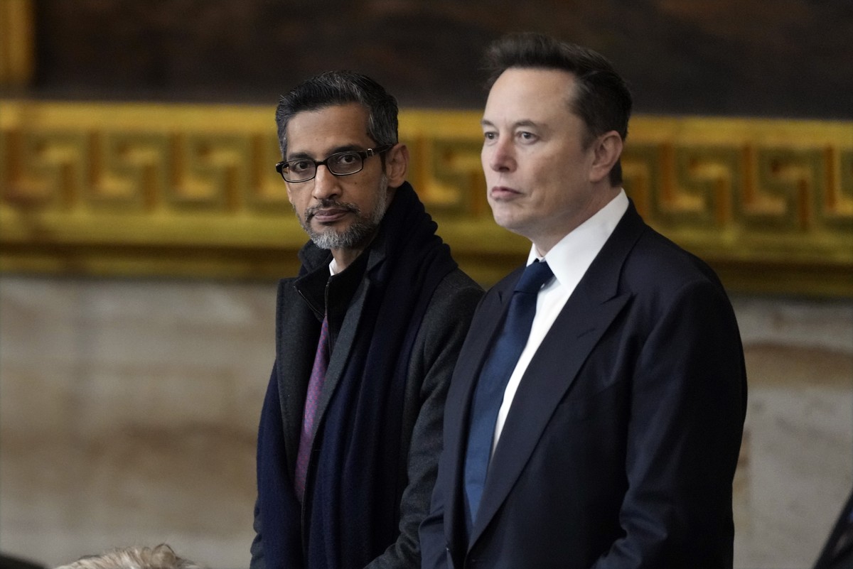 FILE - Google CEO Sundar Pichai and Elon Musk arrive for the 60th Presidential Inauguration in the Rotunda of the U.S. Capitol in Washington, Jan. 20, 2025. (AP Photo/Julia Demaree Nikhinson, Pool, Fi ...