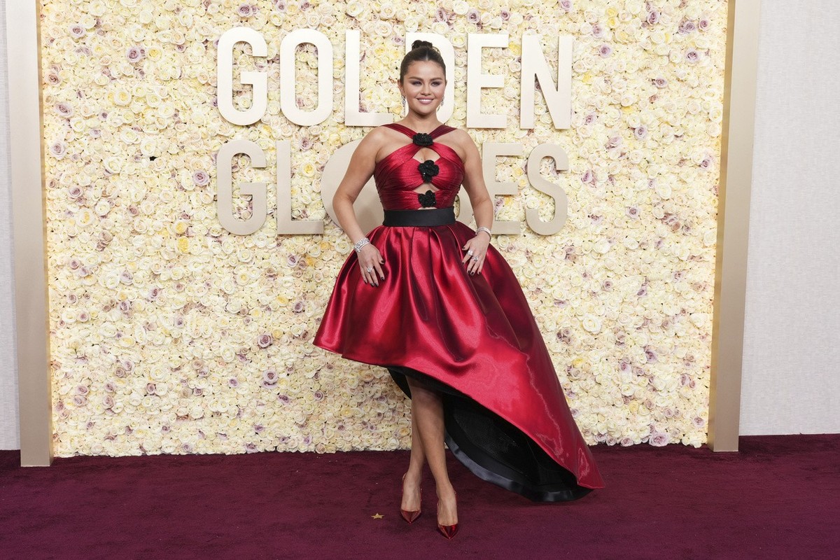 Selena Gomez arrives at the 81st Golden Globe Awards on Sunday, Jan. 7, 2024, at the Beverly Hilton in Beverly Hills, Calif. (Photo by Jordan Strauss/Invision/AP)