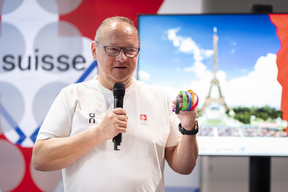 Juerg Stahl, President of Swiss Olympic speaks during the swiss olympic final media conference at the 2024 Paris Summer Olympics, in Paris, France, Sunday, August 11, 2024. (KEYSTONE/Anthony Anex)