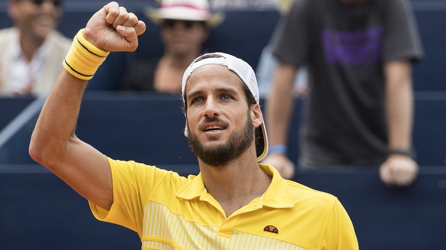 Feliciano Lopez of Spain celebrate his victory against Dustin Brown of Germany after their semi final game at the Suisse Open tennis tournament in Gstaad, Switzerland, Saturday, July 23, 2016. (KEYSTO ...