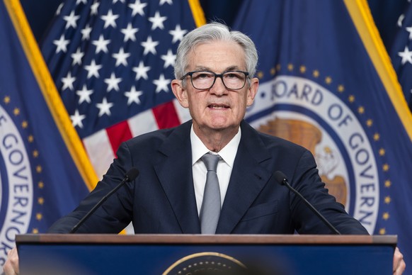 epa10953265 US Federal Reserve Board Chairman Jerome Powell delivers remarks after the Fed refrained from raising interest rates following its two-day conference at the Federal Reserve in Washington,  ...