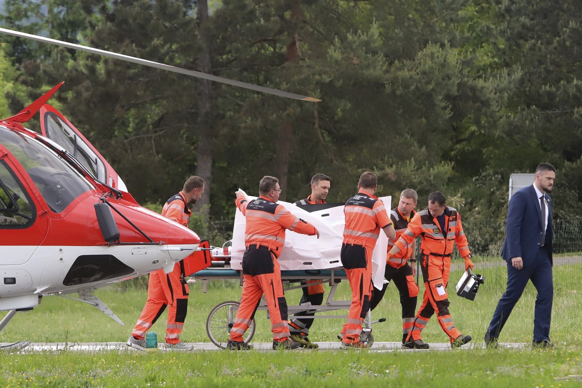 Rescue workers wheel Slovak Prime Minister Robert Fico, who was shot and injured, to a hospital in the town of Banska Bystrica, central Slovakia, Wednesday, May 15, 2024. Slovakia's populist Prim ...