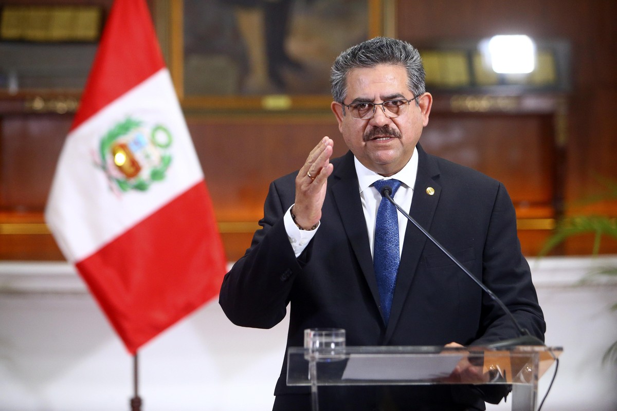 Peru's interim president Manuel Merino announces his resignation via a televised address from the Presidential Palace in Lima, Peru, Sunday, Nov. 15, 2020. Merino stepped down following massive p ...