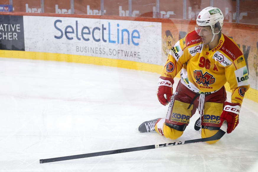 Biels Damien Brunner im vierten Eishockey Playoff Viertelfinalspiel der National League zwischen dem SC Bern und EHC Biel, am Dienstag, 21. Maerz 2023 in der PostFinance Arena in Bern. (KEYSTONE/Peter ...