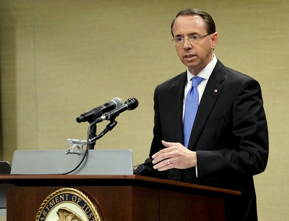 Deputy Attorney General Rod Rosenstein speaks at a law enforcement roundtable on improving the identification and reporting of hate crimes at Department of Justice Monday, Oct. 29, 2018, in Washington ...