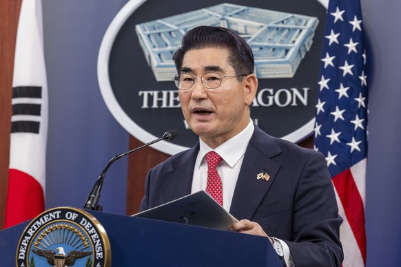 epa11769832 (FILE) South Korean Defense Minister Kim Yong-hyun responds to a question from the news media, during a joint press conference with US Secretary of Defense Lloyd Austin, at the Pentagon in ...