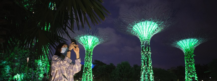 epa08274720 A tourist wearing a medical face mask takes pictures of the Supertree Grove at Gardens by the Bay, a popular tourist spot, in Singapore, 06 March 2020. Singapore's tourism sector is e ...