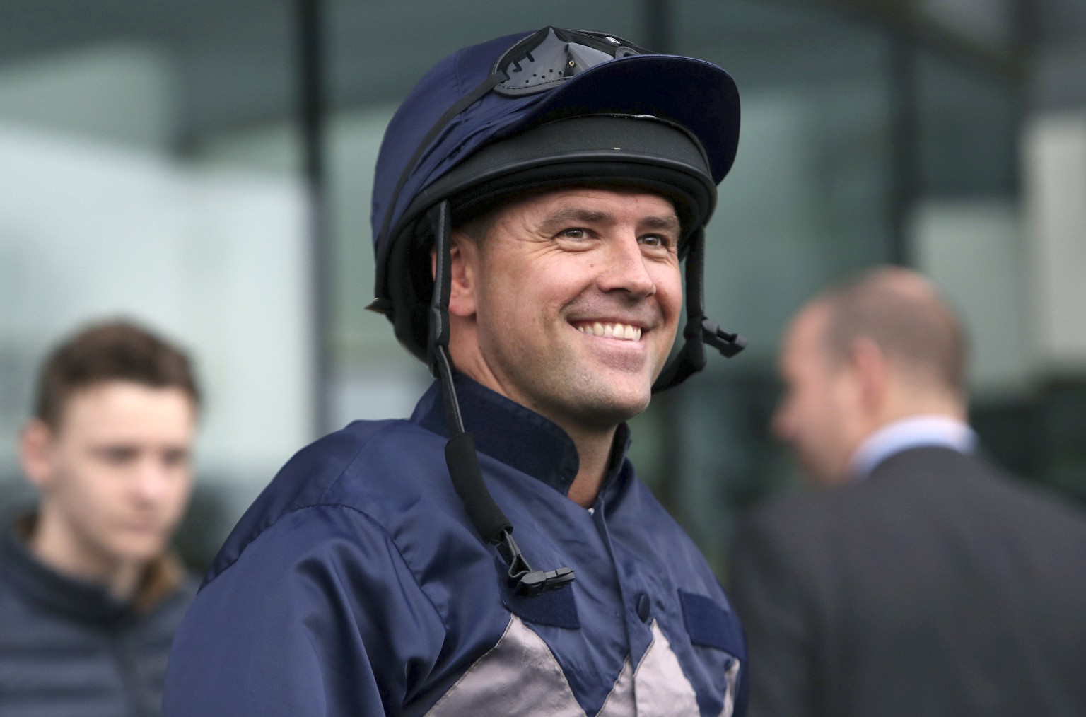 Former England soccer player Michael Owen smiles prior to riding Calder Prince in the Prince&#039;s Countryside Fund race at Ascot Racourse, Friday Nov. 24, 2017. (Steve Parsons/PA via AP)