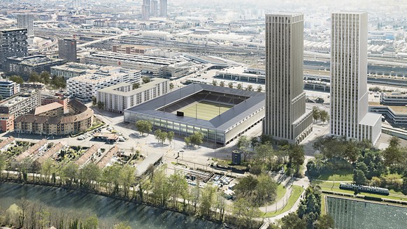 Das geplante Fussballstadion mit zwei Wohnhochh