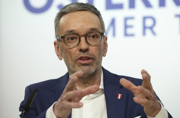The leader of Austria&#039;s Freedom Party FPOe, Herbert Kickl, addresses a news conference in Vienna, Austria, Wednesday, Feb. 12, 2025. (AP Photo/Heinz-Peter Bader)