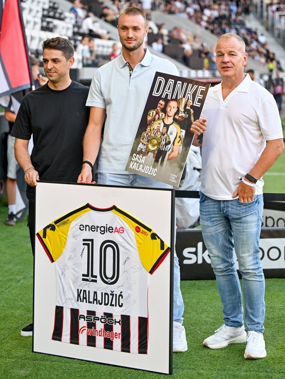 14.08.2026, Raiffeisen Arena Linz, AUT, Admiral Bundesliga, LASK Linz vs SV Ried, im Bild Dino Buric, Sportkoordinator Lask Linz, Sasa Kalajdzic, Siegmund Gruber, CEO, Geschaeftsfuehrung Lask Linz Lin ...