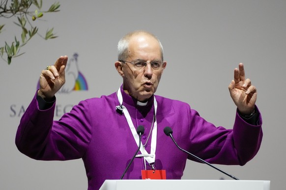 FILE - Archbishop of Canterbury Justin Welby delivers his speech at a interreligious meeting, in Rome on Oct. 6, 2021. A group of Anglican bishops from Africa, Asia, Latin America and the Pacific said ...