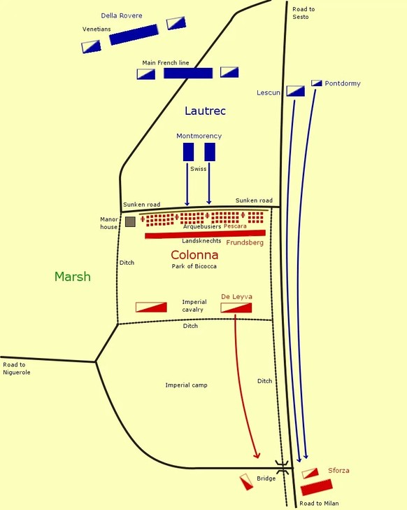 Schematische Darstellung der Schlacht bei Bicocca. Die französischen Bewegungen sind blau, die kaiserlichen Bewegungen rot eingezeichnet.
https://en.wikipedia.org/wiki/Battle_of_Bicocca#/media/File:Ba ...