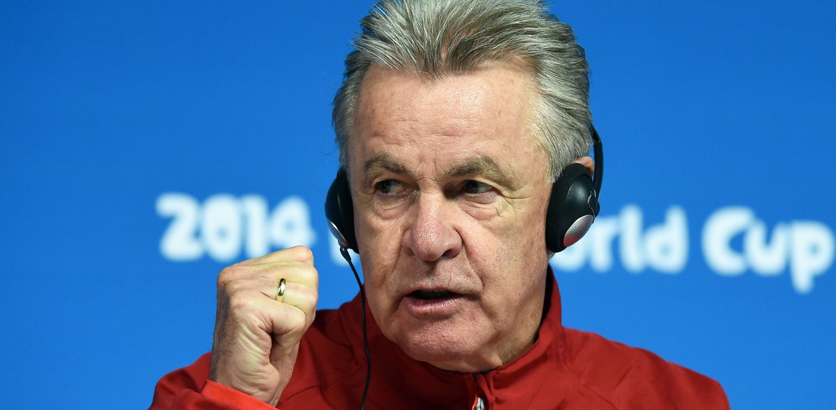 Switzerland's German coach Ottmar Hitzfeld gives a press conference at The Corinthians Arena Stadium in Sao Paulo on June 30, 2014, on the eve of the 2014 FIFA World Cup round of 16 football matc ...