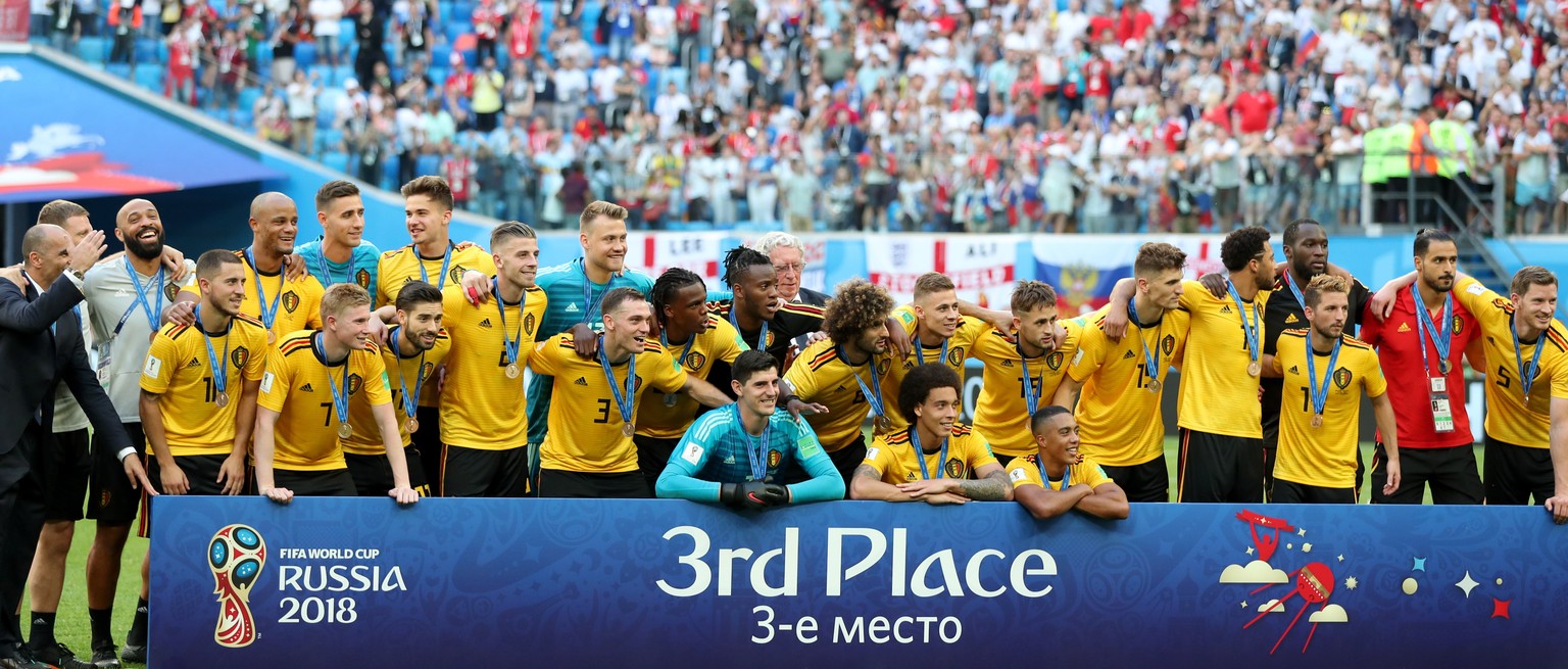 epa06888674 Players of Belgium celebrate winning the FIFA World Cup 2018 third place soccer match between Belgium and England in St.Petersburg, Russia, 14 July 2018.

(RESTRICTIONS APPLY: Editorial  ...