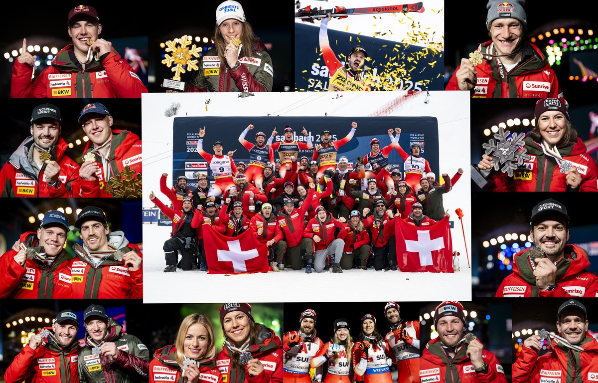 A combo of picture shows the 13 medal winners of the Swiss Alpine Ski Team (Franjo von Allmen, Camille Rast, Marco Odermatt, Wendy Holdener, Loic Meillard, Thomas Tumler, Alexis Monney, Stefan Rogenti ...