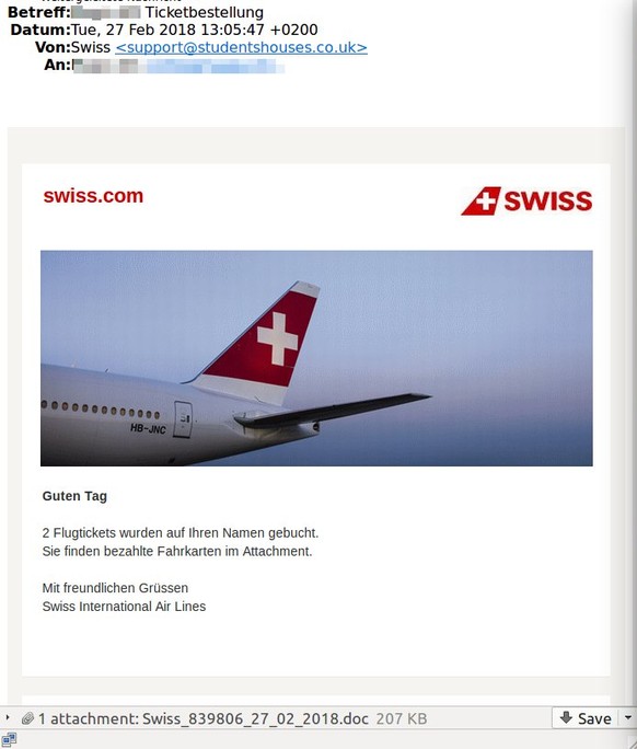Wer den Anhang der Nachricht mit dem Absender Swiss öffnet, fängt sich einen E-Banking-Trojaner ein.&nbsp;