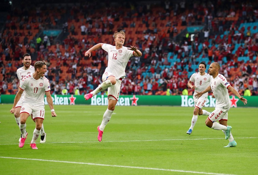 Mandatory Credit: Photo by Paul Greenwood/BPI/Shutterstock 12169915cb Kasper Dolberg of Denmark celebrates his 2nd goal. Wales v Denmark, UEFA European Championship, EM, Europameisterschaft 2020, Roun ...