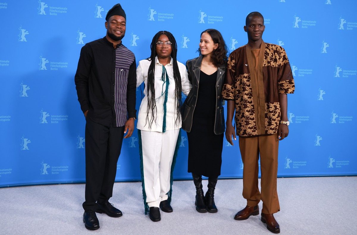 epa11162819 (L-R) Protagonists Habib Ahandess, Josea Guedje, French-Senegalese actor and film director Mati Diop, and protagonist and first assistant director Gildas Adannou pose at the 'Dahomey& ...