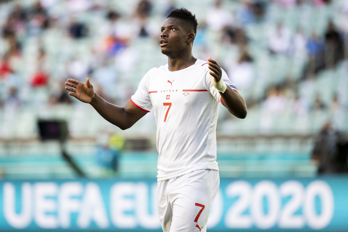 Switzerland's forward Breel Embolo, reacts during the Euro 2020 soccer tournament group A match between Wales and Switzerland at the Olympic stadium, in Baku, Azerbaijan, Saturday, June 12, 2021. ...