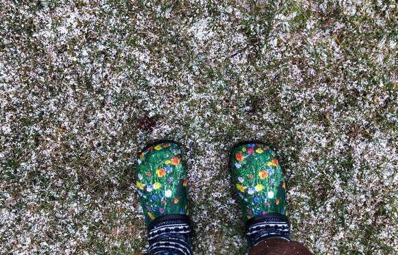 05.04.2021, Mecklenburg-Vorpommern, Pokrent: Eine Frau steht mit bunten Gartenschuhen auf einer mit Schnee und Graupel bedeckten Wiese. Mit k