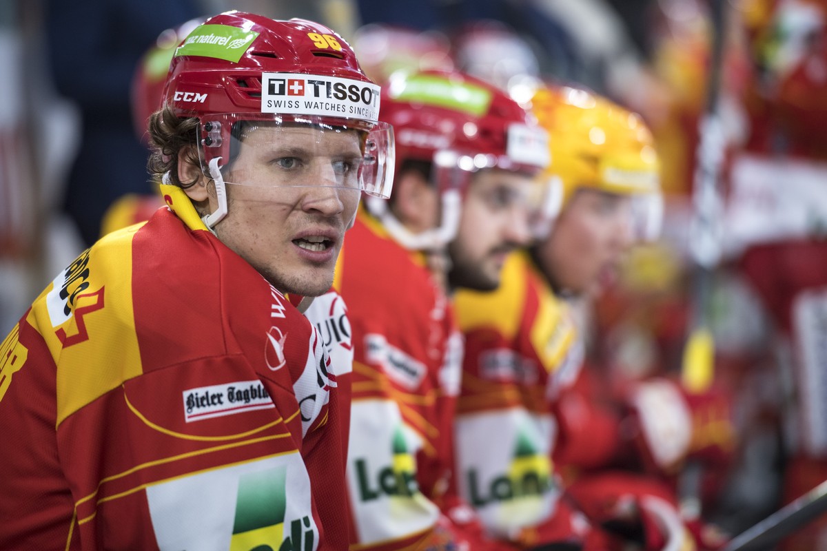 Biels Damien Brunner, beim Eishockey Meisterschaftsspiel der National League zwischen dem EHC Biel und den HC Davos, am Samstag, 19. Januar 2019, in der Tissot Arena in Biel. (KEYSTONE/Adrien Perritaz ...