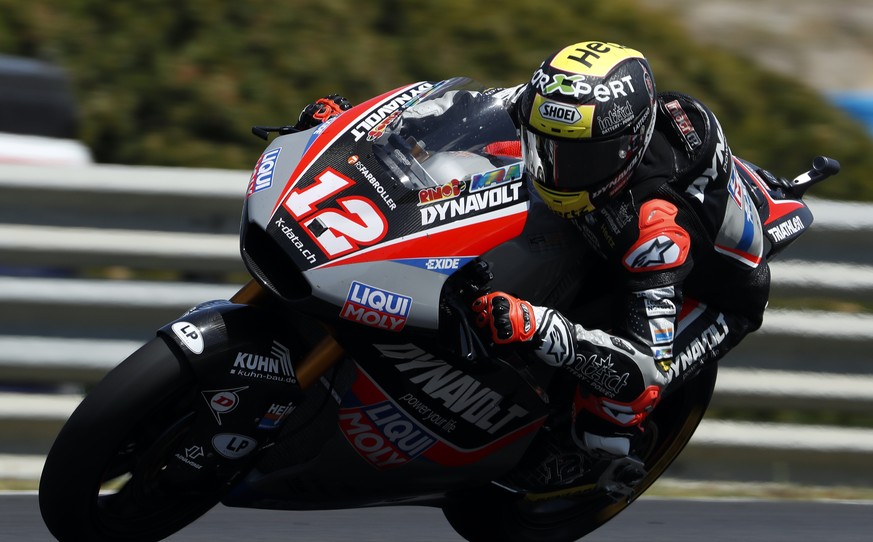 Moto2 rider Thomas Luthi of Switzerland steers his motorcycle during the Spanish Motorcycle Grand Prix at the Angel Nieto racetrack in Jerez de la Frontera, Spain, Sunday, May 5, 2019. (AP Photo/Migue ...