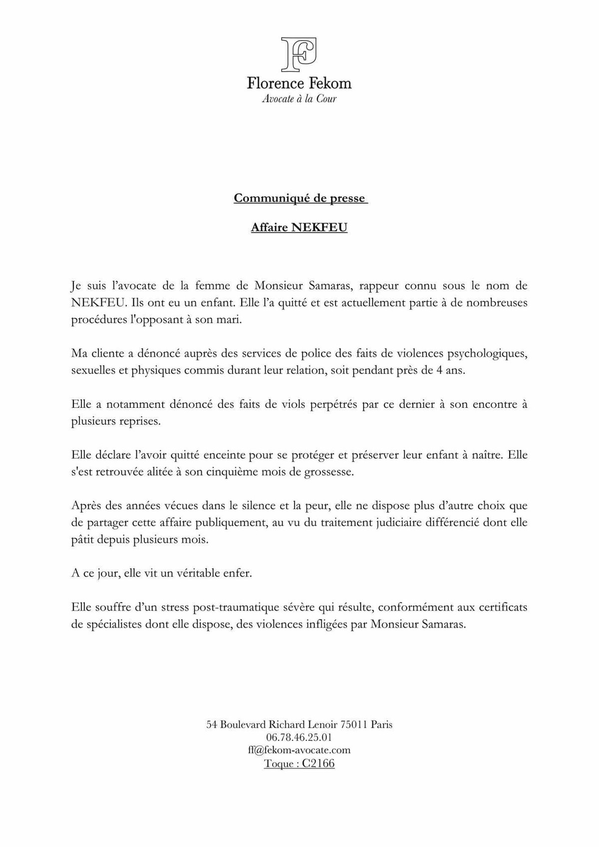 Ce dimanche 3 novembre, Florence Fekom, avocate de la compagne de Nekfeu, annonce que sa cliente a signalé à la police des faits de violences sexuelles et de viols. Le rappeur n'a pas réagit.